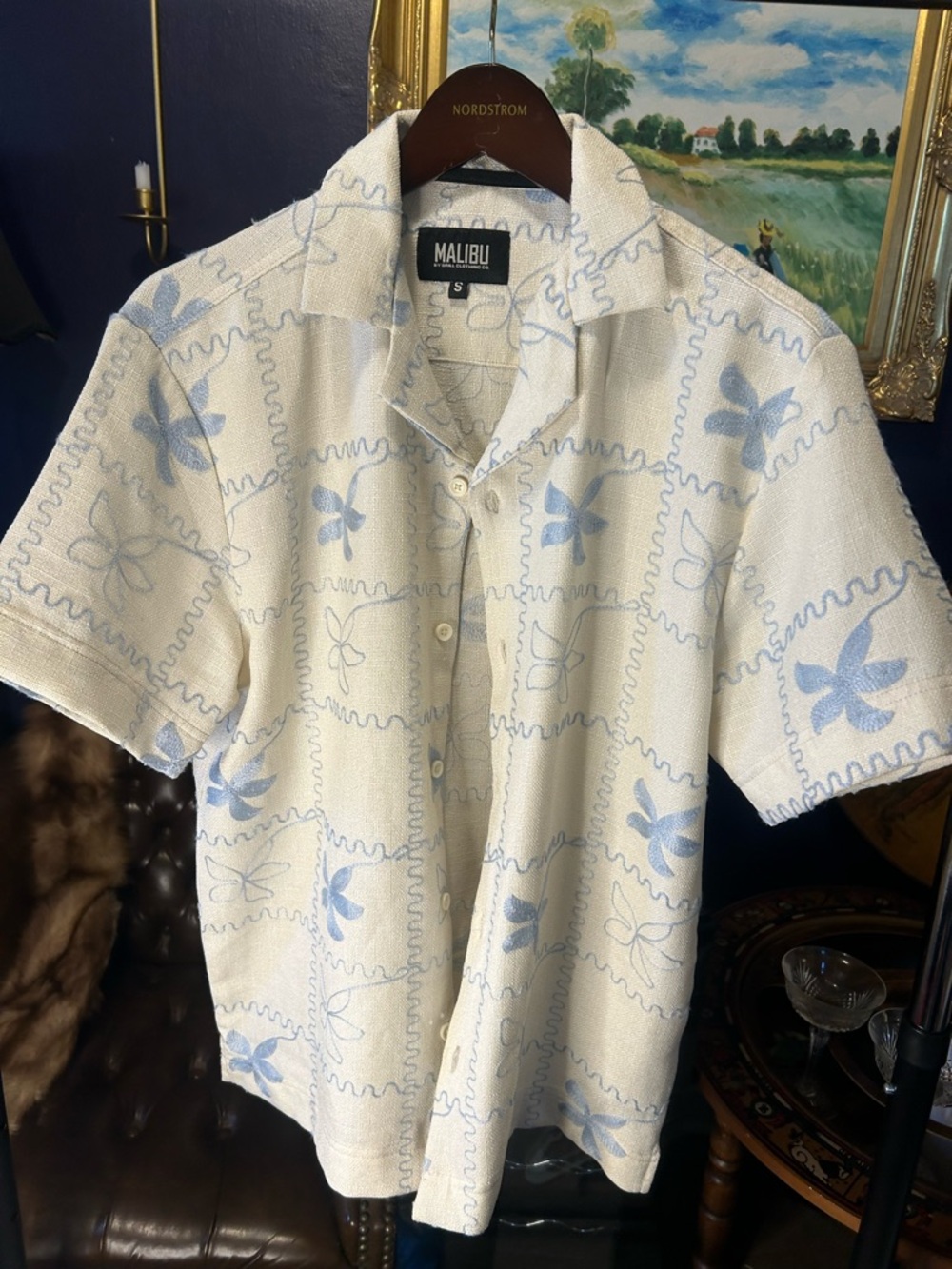 Malibu Cream Short-Sleeve Button-Down with Light Blue Floral Pattern
